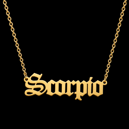18K Gold Old English Font Zodiac Necklace | WATERPROOF | STAINLESS STEEL | Horoscope Birth Star Sign | Astrology Gift | Necklace for Women