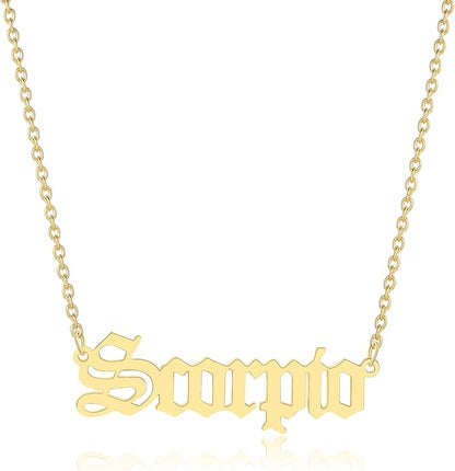 18K Gold Old English Font Zodiac Necklace | WATERPROOF | STAINLESS STEEL | Horoscope Birth Star Sign | Astrology Gift | Necklace for Women