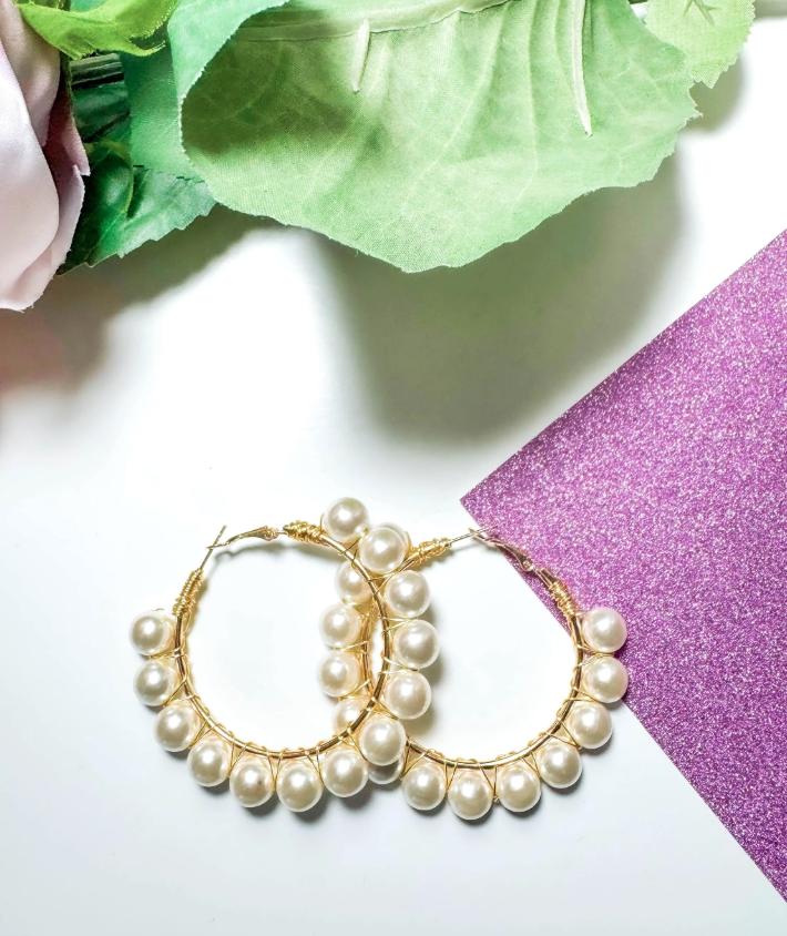 Large Pearl Gold Hoop Earrings, Pearl Wedding Jewelry, Wire Wrapped Earrings, Boho Pearl Earrings, Bridal Earrings
