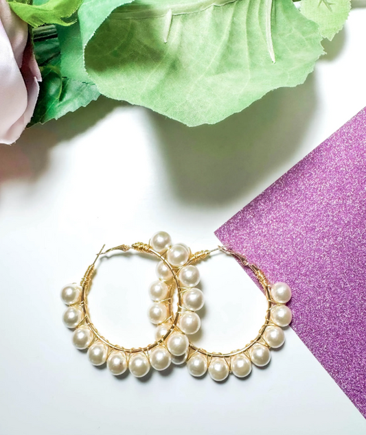 Large Pearl Gold Hoop Earrings, Pearl Wedding Jewelry, Wire Wrapped Earrings, Boho Pearl Earrings, Bridal Earrings