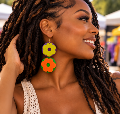Retro Bloom Two-Tier Flower Earrings - Handmade Colorblock Statement Jewelry