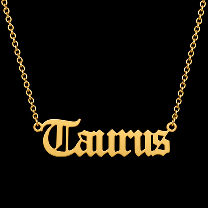 18K Gold Old English Font Zodiac Necklace | WATERPROOF | STAINLESS STEEL | Horoscope Birth Star Sign | Astrology Gift | Necklace for Women