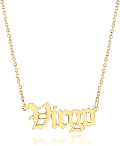 18K Gold Old English Font Zodiac Necklace | WATERPROOF | STAINLESS STEEL | Horoscope Birth Star Sign | Astrology Gift | Necklace for Women