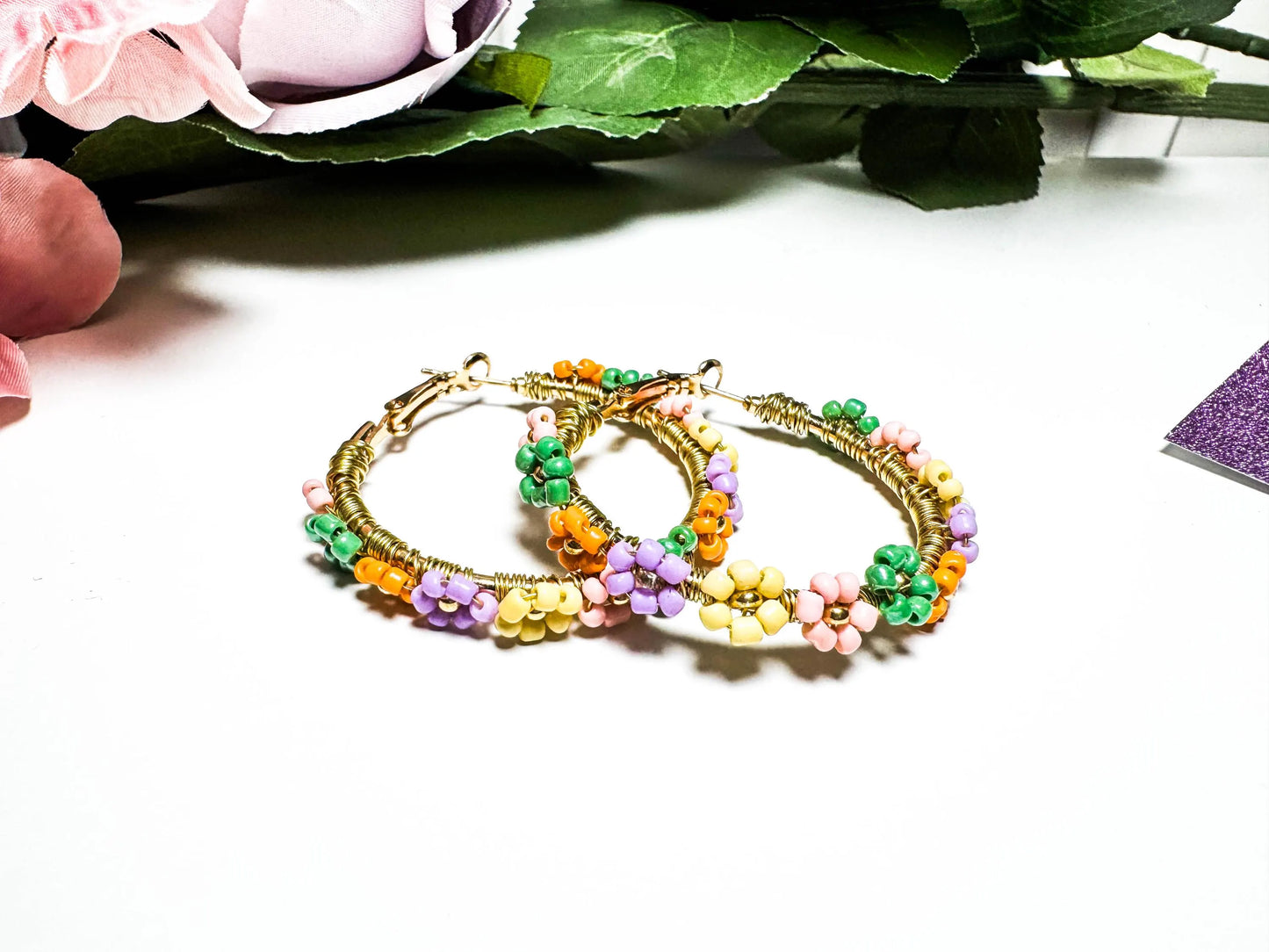 Colorful Beaded Flower Hoop Earrings | Daisy Earrings | Handmade Wire Wrapped Daisy Earrings | Beaded Spring Earrings