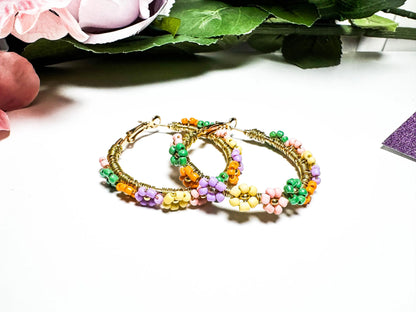 Colorful Beaded Flower Hoop Earrings | Daisy Earrings | Handmade Wire Wrapped Daisy Earrings | Beaded Spring Earrings