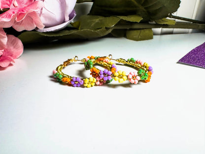 Colorful Beaded Flower Hoop Earrings | Daisy Earrings | Handmade Wire Wrapped Daisy Earrings | Beaded Spring Earrings