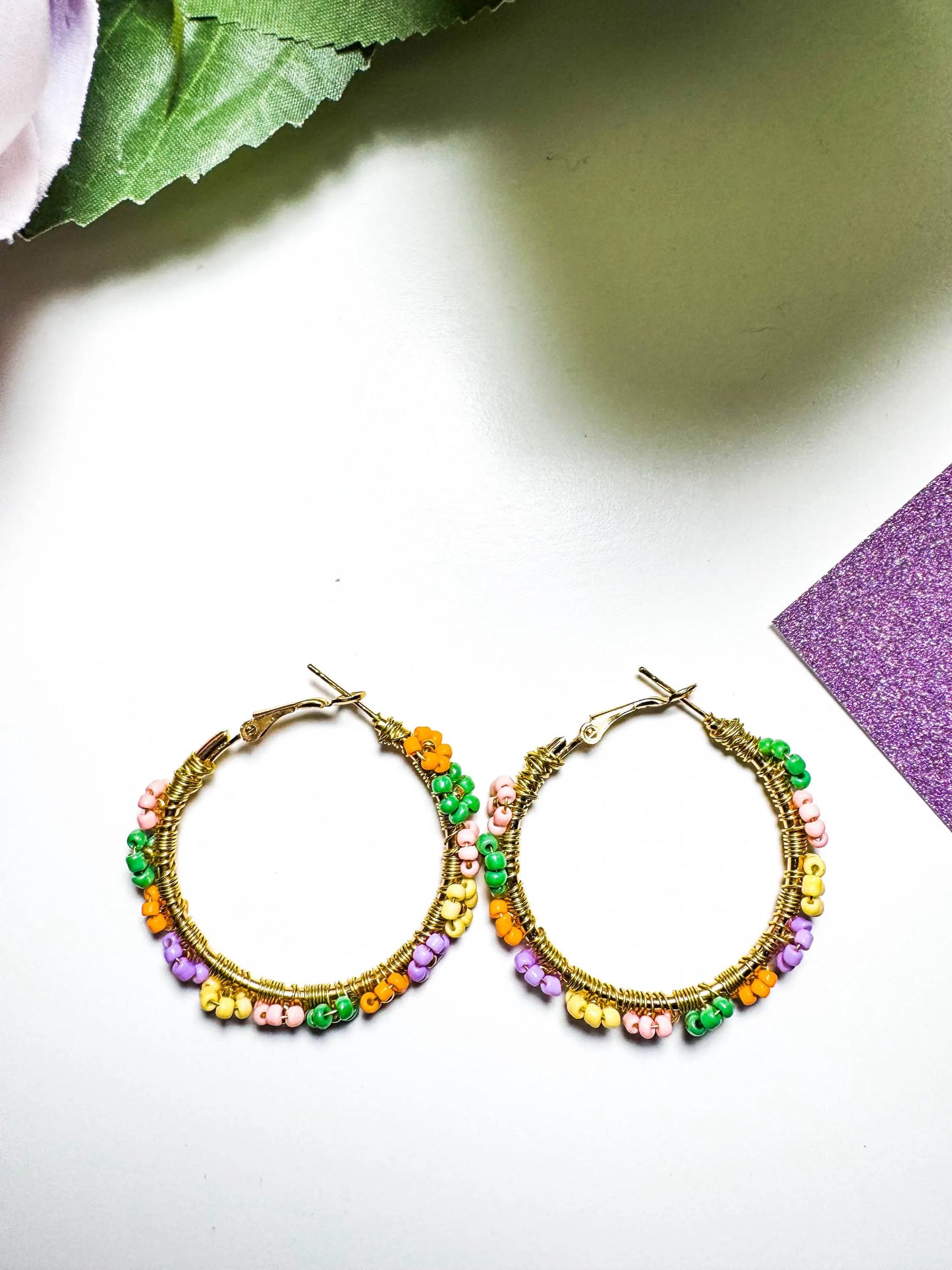 Colorful Beaded Flower Hoop Earrings | Daisy Earrings | Handmade Wire Wrapped Daisy Earrings | Beaded Spring Earrings