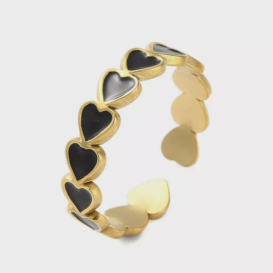 Black and Gold Heart Eternity Ring | Stainless Steel Statement Ring | Tarnish Resistant Stackable Ring | Black & Gold Adjustable Ring