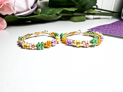 Colorful Beaded Flower Hoop Earrings | Daisy Earrings | Handmade Wire Wrapped Daisy Earrings | Beaded Spring Earrings